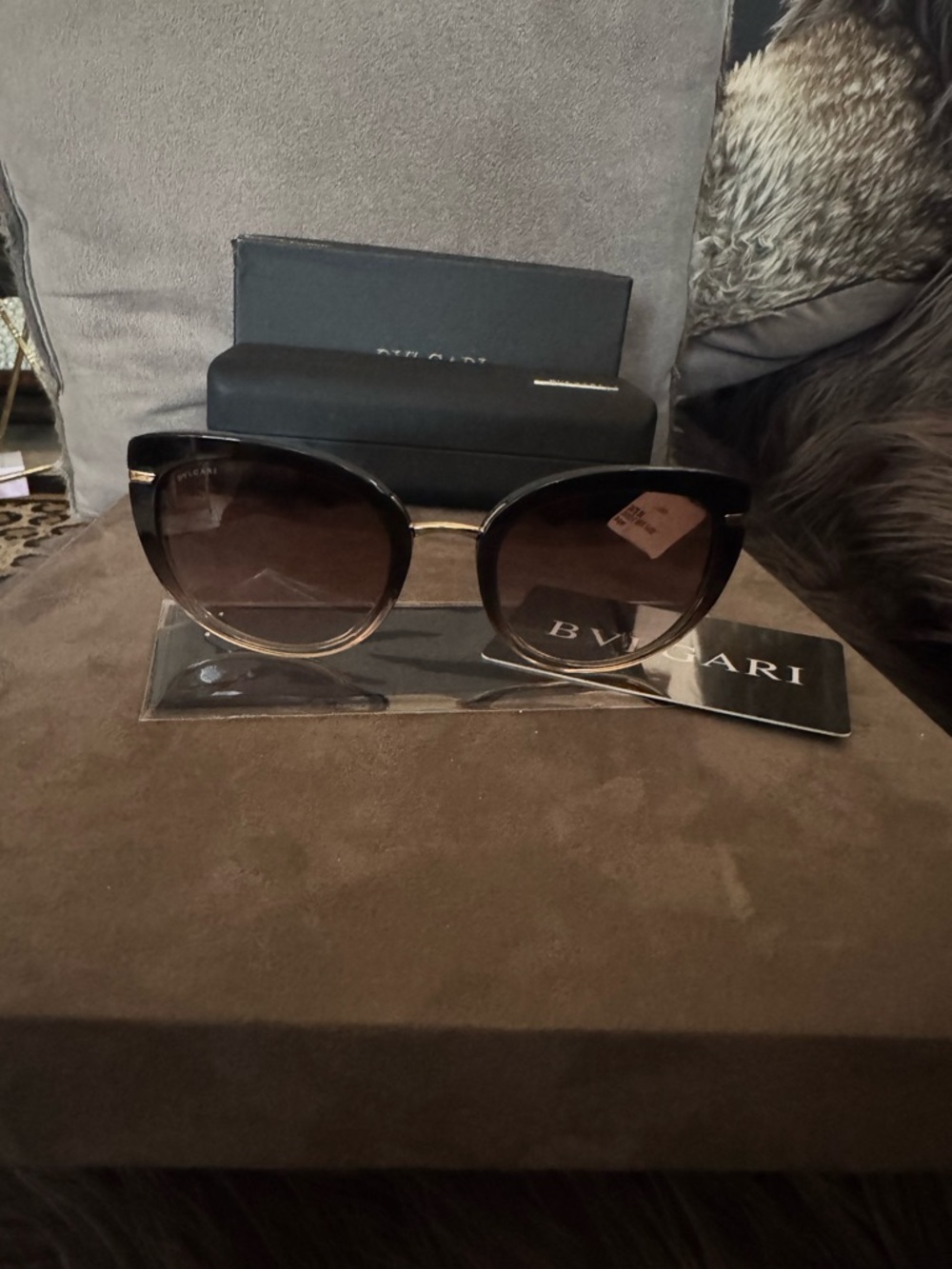 Bulgari Black-to-Brown Gradient Cat-Eye Women's Sunglasses with Gold Accents